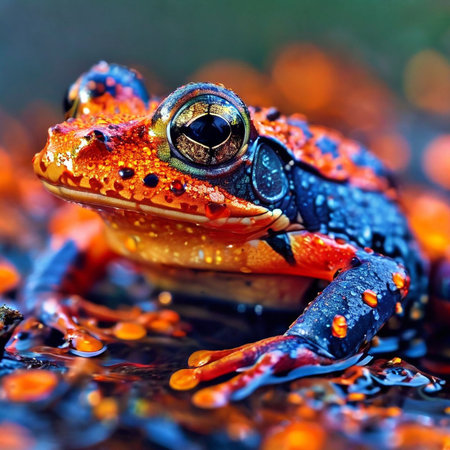 Frog close-up on the background of orange water drops.の素材