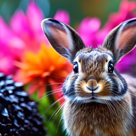 Rabbit and flowers in the garden, close-up, selective focusの素材