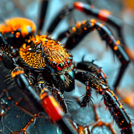 Close up of a jumping spider on a dark background. Macro.の素材