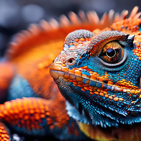 Close up of a colorful chameleon on a black background.の素材