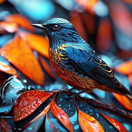 Colorful bird on the background of autumn leaves, close-upの素材