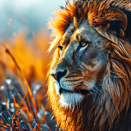 Portrait of a male lion in the savannah of Africa.の素材