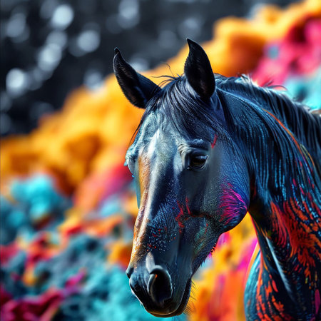 Portrait of a beautiful black horse with multicolored paint.の素材