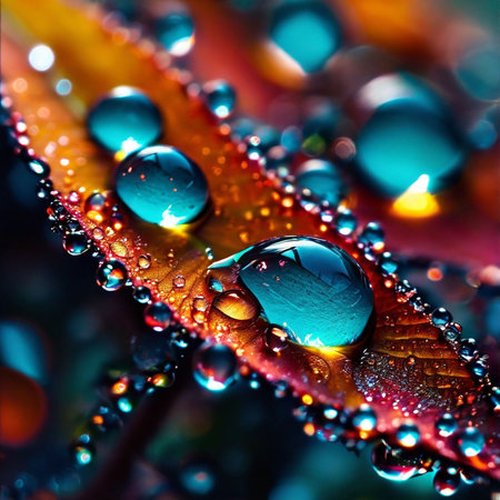 Water drops on a green leaf. Macro shot with shallow depth of field.の素材