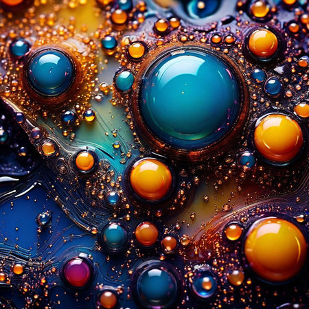 colorful abstract background with oil drops in water, close-upの素材