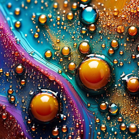 abstract colorful background with oil drops in water close-up macroの素材