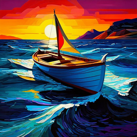 boat on the sea at sunset, illustration in oil painting style.の素材
