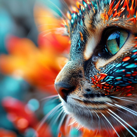 Close up portrait of a cat with multicolored eyes and bright flowersの素材