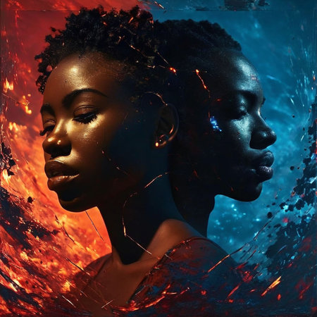 Fantasy portrait of a beautiful african american woman surrounded by fire.の素材