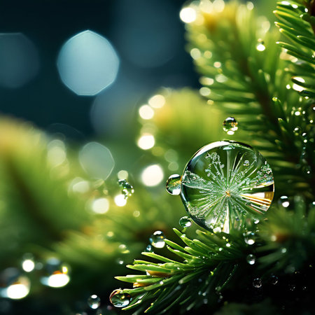 Water drops on christmas tree branch with bokeh background.の素材