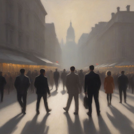 Digital painting of people walking in the street in Paris, France.の素材