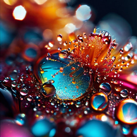 Macro shot of water drops on a colorful flower petals.の素材