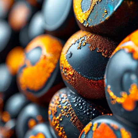 Close up of a pile of black and orange zen stones.の素材