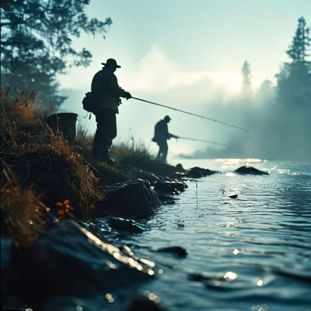 Fisherman with fishing rod on the bank of a mountain riverの素材