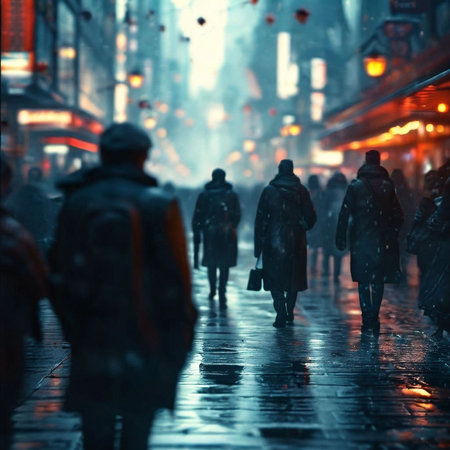 People walking on the street at night in London, England, UKの素材
