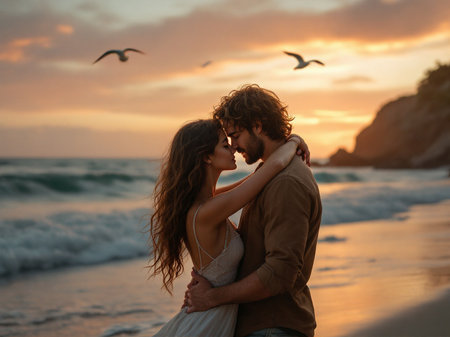 Happy young couple hugging on the beach at sunset. Love and travel concept.の素材