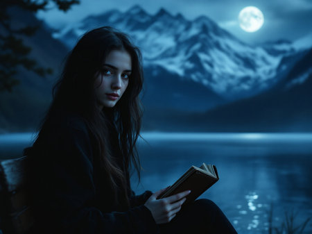 Young woman reading a book by the lake at night with moon in the backgroundの素材