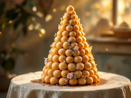 Christmas tree made of tangerines on a table in a restaurantの素材