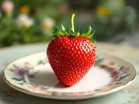 Strawberry in a plate on a wooden table, selective focusの素材