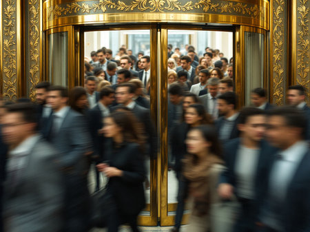 Business people in the lobby of a modern office building. Intentional motion blurの素材