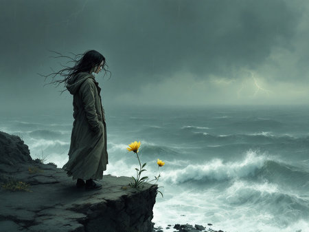 Woman in raincoat standing on cliff and looking at stormy seaの素材