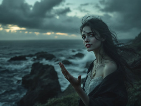 Young woman with long black hair looking at the sea with her eyes closedの素材
