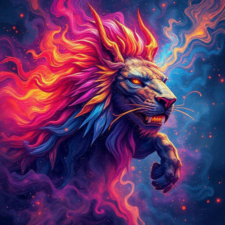 Lion in fantasy space. Fantasy illustration. Colorful background.の素材