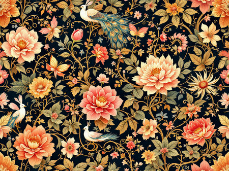 Seamless pattern with flowers and birds on a dark background.の素材