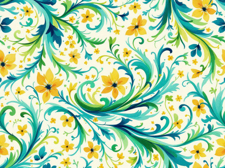 Seamless floral pattern with yellow flowers and leaves. Vector illustrationの素材
