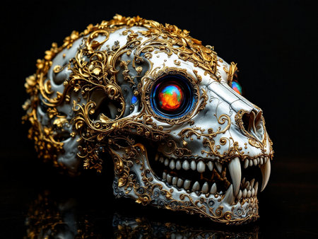 Skull with colorful eyes on a black background. Halloween concept.の素材
