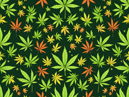 Seamless pattern with cannabis leaves on a dark green background.の素材
