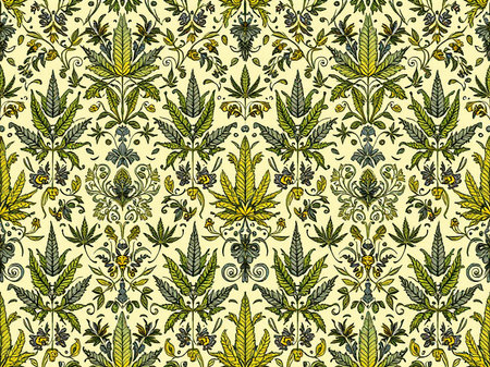 Seamless pattern with cannabis leaves and flowers. Vector illustration.の素材