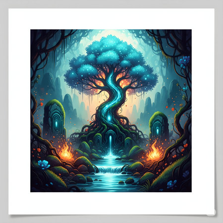 Fantasy landscape with a tree in the forest. Vector illustration.の素材