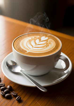 Coffee cup with latte art on wooden table in coffee shopの素材