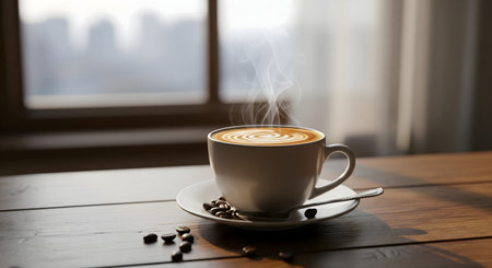 Cup of coffee on a wooden table with coffee beans in the backgroundの素材