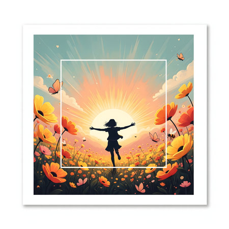 Vector illustration of a girl on a meadow with flowers and butterfliesの素材