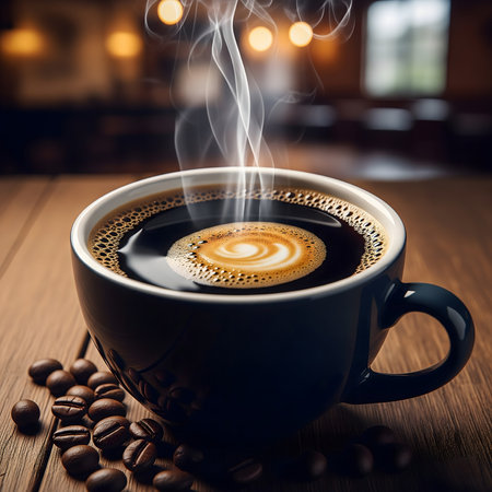 Coffee cup and coffee beans on wooden table in cafe.の素材