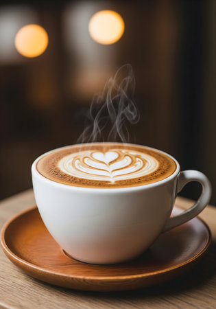 Hot latte art coffee in coffee shop - vintage effect style picturesの素材