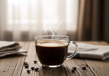 Cup of coffee on a wooden table with a newspaper and coffee beansの素材