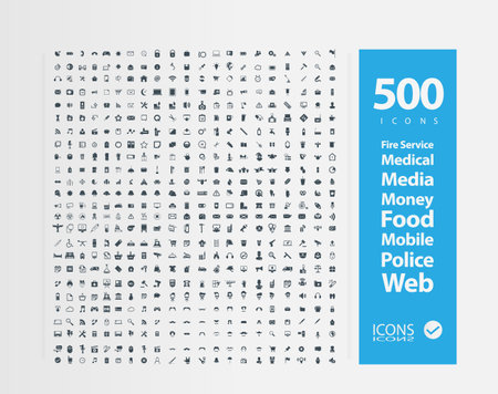 Set of 500 Quality icons (  Fire Service icons, Medical icons, Media icons, Money icons, Food icons, Mobile icons, Police icons, Web icons )のイラスト素材
