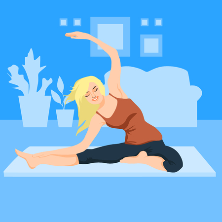 girl in the morning doing yoga, charging on a blue background. Do yoga poster. Vector characterのイラスト素材