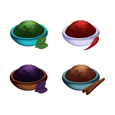 Isolated and colored herbs spices jars icon set in realistic style with different spices inside vector illustrationのイラスト素材