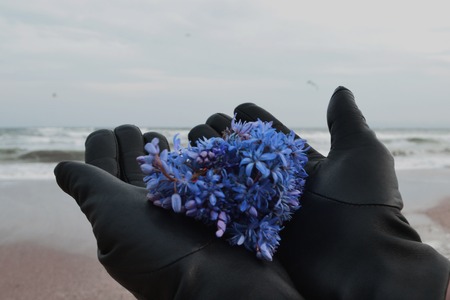 a female hand holds a lilac against the background of the sea, waves with wind Odessa, Ukraineの写真素材