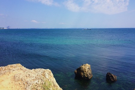 a warm hot summer with clear blue water without people Black Sea. Odessa, Ukraine.の写真素材