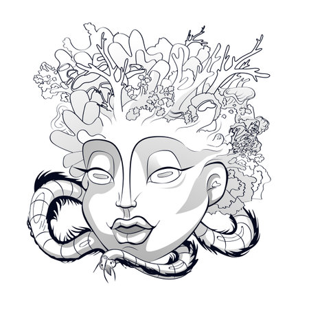 Large female head underwater in corals with a snake. Print on a t-shirt or card black and white lineのイラスト素材