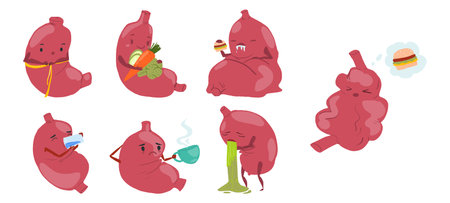 Sad sick cry and healthy strong happy smiling cute stomach characterのイラスト素材