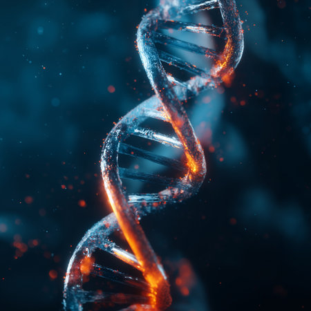 3D rendering of DNA molecule glowing with blue and orange light. Concept of genetics, molecular biology, and scientific research.の素材