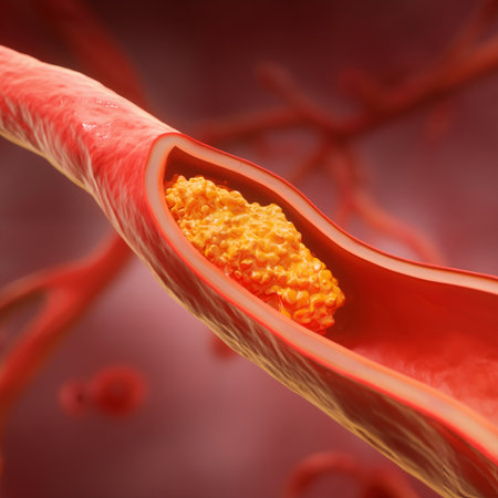 medical 3D illustration showing artery and cholesterol plaque buildup. Concept of cardiovascular disease, health, and blood circulation.の素材