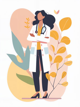 vector-style illustration of a confident female doctor standing with folded arms on colorful background. Concept of healthcare, professionalism, and modern medicine.の素材