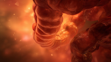 Vivid abstract 3D composition with soft organic curves and warm orange light. The image evokes natural energy, flow, and inner body harmony. Perfect for health, wellness, nature, or science design projects.の素材